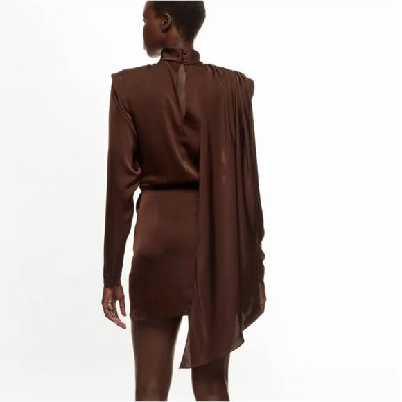 Ronny Kobo Brown Ruched Satin Mockneck Mini Dress XL Cocktail Chic Designer $600 - Picture 4 of 11